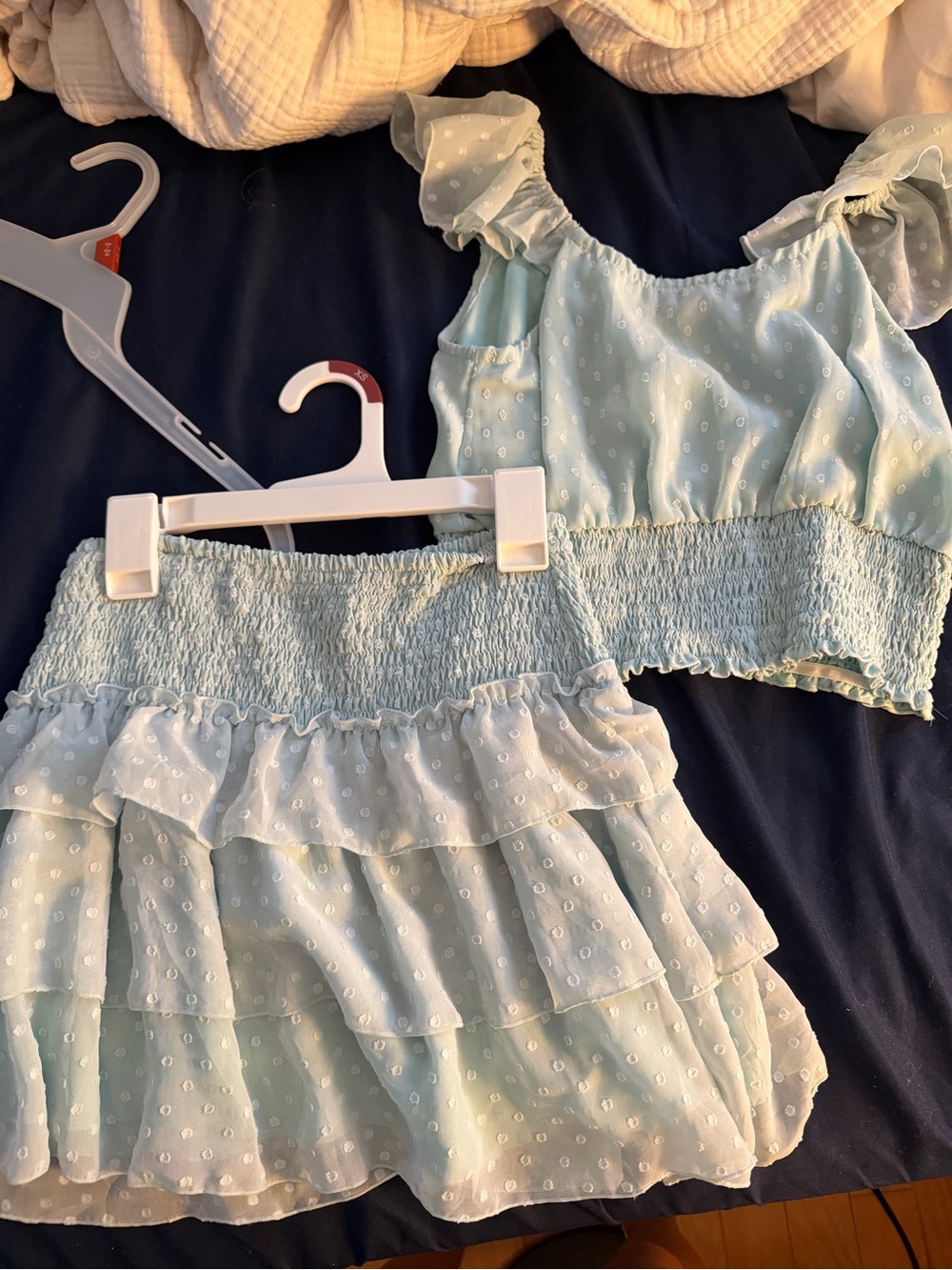 Girls Light Blue Swiss Dot Smocked Crop Top & Tiered Skirt Set